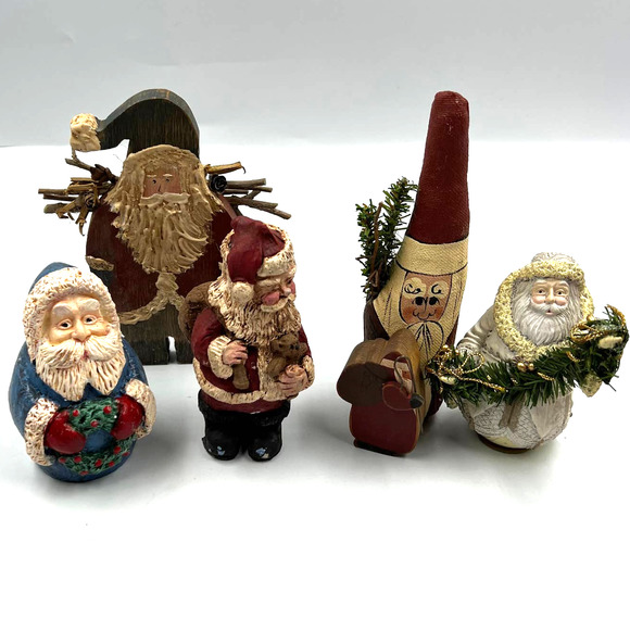 Vintage Lot 5 Christmas Santa Claus Figurines Primitive Old World Wooden Plush - Picture 1 of 14